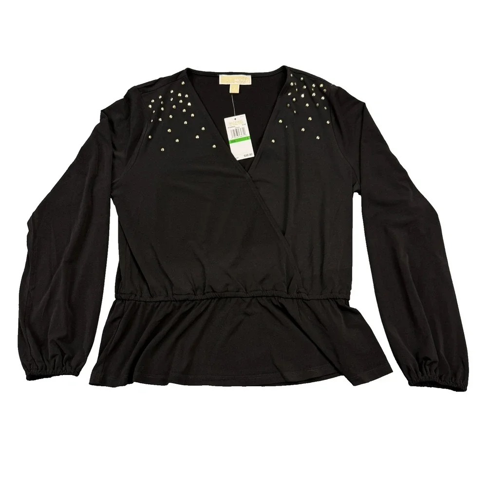 Michael Kors Womens Blouse Size Large Studded‎ V-Neck Top Embellished Banded NWT